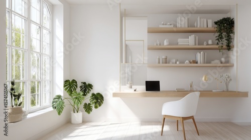 Scandinavian home office, white walls, wood desk, minimal shelving, large window with daylight