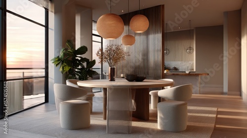 trendy dining space, rounded table and pendant lights, sunset glow, soft warm tones, organic design influence 