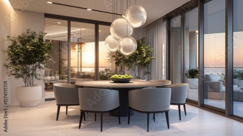 trendy dining space, rounded table and pendant lights, sunset glow, soft warm tones, organic design influence 