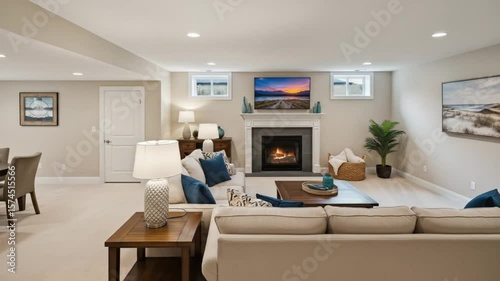 Cozy basement living room with fireplace, TV, and comfortable seating in a modern home