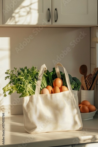 A cream-colored tote bag filled with fresh produce and eggs sits on a kitchen counter, bathed in sunlight