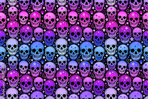 Seamless pattern. Stylized human skulls, strewn with stars. Gradient colors