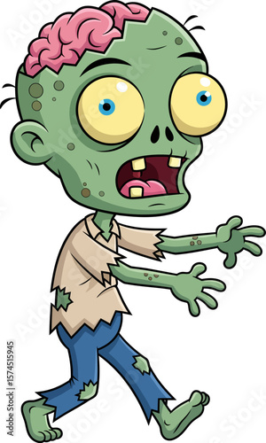 Cartoon Zombie Character Design with Exposed Brain and Ripped Clothing for Halloween Horror Themes