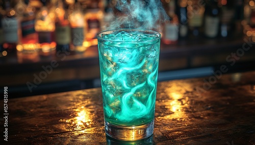 Teal Cocktail With Smoke On Bar Counter