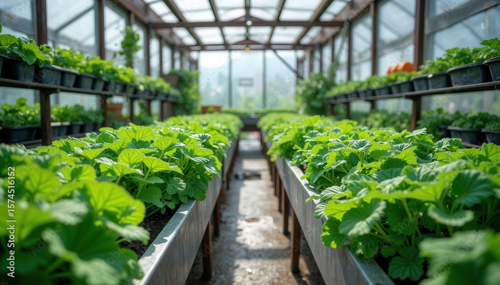 Greenhouse gardening with lush vegetable plants Greenhouse gardening with lush vegetable plants