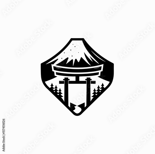 Black and White Vector Logo – Mount Fuji and Japanese Torii Gate for Tourism Branding

