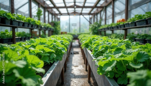 Greenhouse gardening with lush vegetable plants
