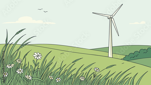 Wind turbines generating renewable energy on a green field under a blue sky