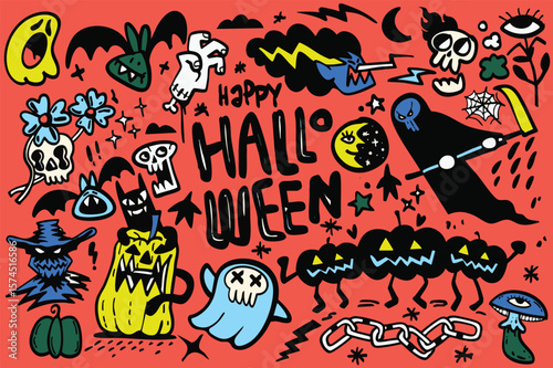 Happy Halloween with colorful illustrations of ghosts, bats, and spooky elements creating