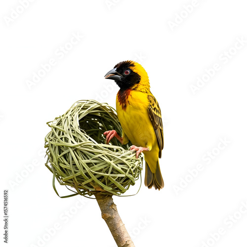 A tiny weaver bird building a nest, white background