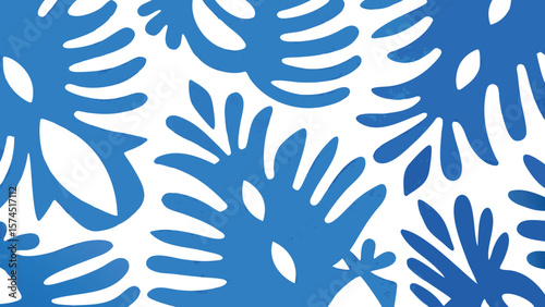 Blue leaf pattern on white background creates a striking and vibrant tropical style design effect