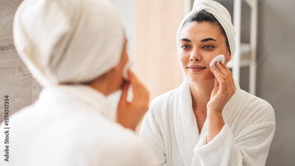 Fototapeta premium Woman cleaning skin with cotton pad
