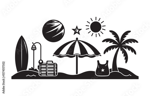 Abstract summer Beach, hand drawn sunset and sunrise outline landscape tropical beach,