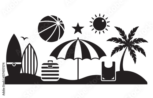 Abstract summer Beach, hand drawn sunset and sunrise outline landscape tropical beach,