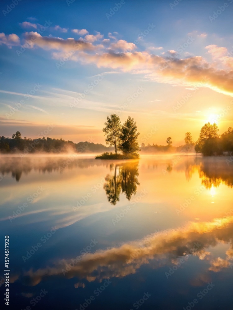 Fototapeta premium A serene lake at dawn with mist rising from the water surface