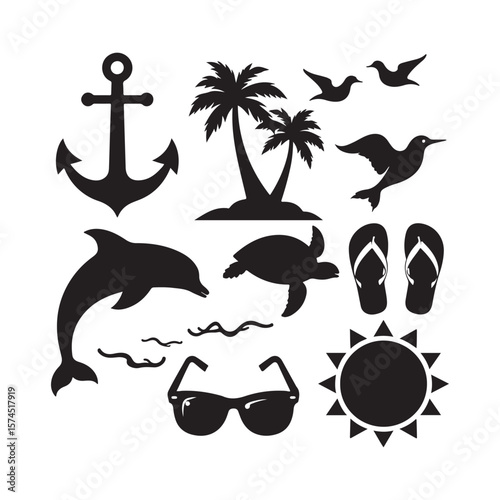 Set of beach icons doodle, Vector illustration on white background