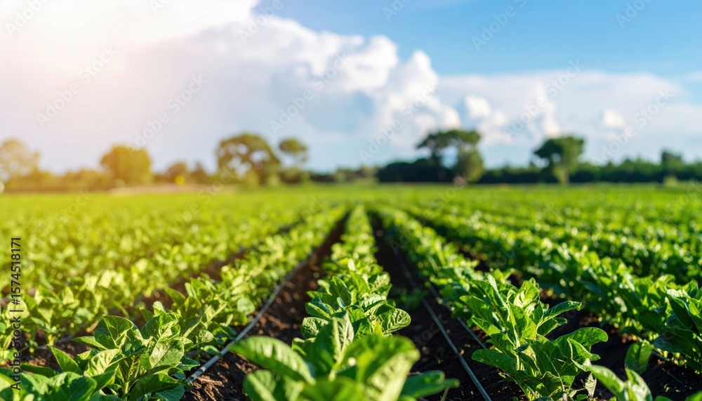 Obraz premium A lush green agricultural field under a blue sky with scattered clouds, showcasing healthy crops in neat rows.