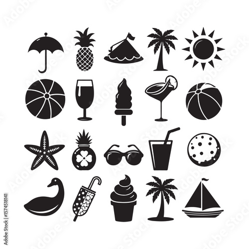 Set of beach icons doodle, Vector illustration on white background