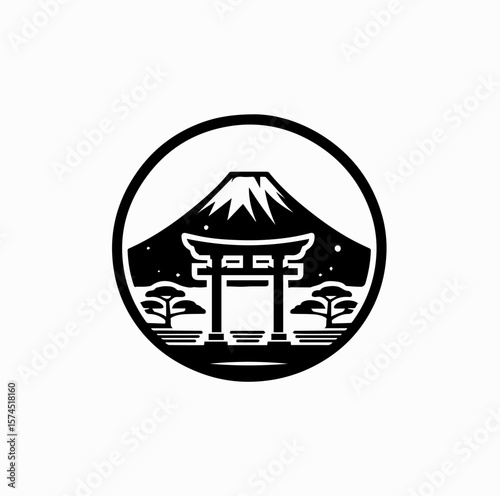 Black and White Vector Logo – Mount Fuji and Japanese Torii Gate for Tourism Branding

