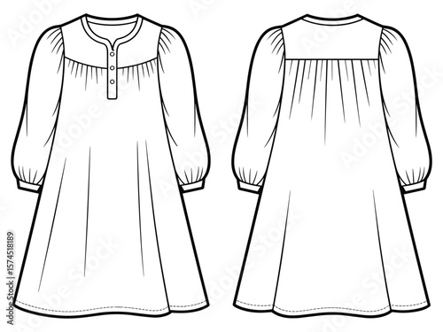 Fashion flat sketch of gathered yoke dress with bishop sleeves, loose fit tunic style, technical drawing, vector template, front back