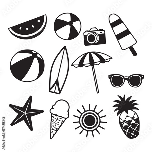 Set of beach icons doodle, Vector illustration on white background