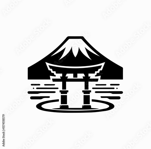 Black and White Vector Logo – Mount Fuji and Japanese Torii Gate for Tourism Branding

