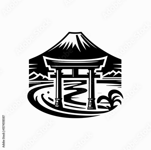Black and White Vector Logo – Mount Fuji and Japanese Torii Gate for Tourism Branding

