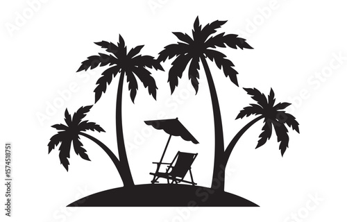 Vector art of a beach scene with sun and palm tree, icon illustration on white background.
