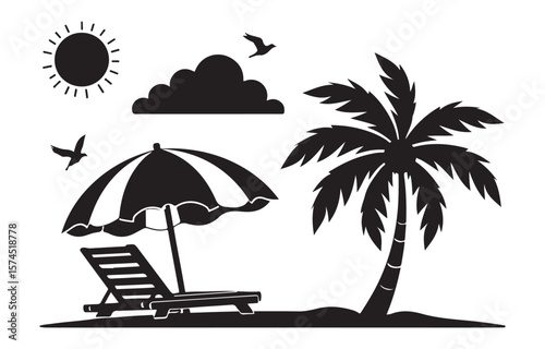 Vector art of a beach scene with sun and palm tree, icon illustration on white background.