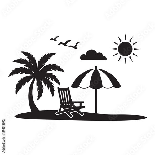 Vector art of a beach scene with sun and palm tree, icon illustration on white background.