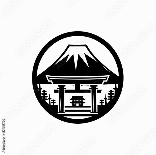 Black and White Vector Logo – Mount Fuji and Japanese Torii Gate for Tourism Branding

