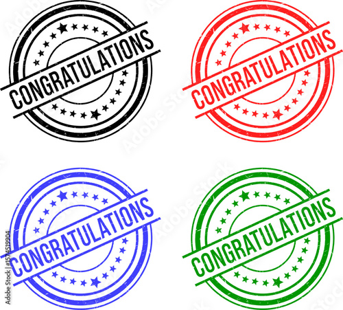 Set of Four Grunge Style Rubber Stamps Featuring the Word Congratulations in Black Red Blue and Green Colors