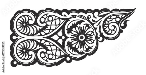 Black and white vintage baroque floral corner design with swirls, flourishes, scrolls, and arabesques creating an elegant and ornate decorative element