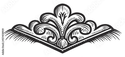 Intricate black lace ornament forming a downward pointing triangle, showcasing delicate swirls, flourishes, floral arabesques, and filigree details, creating a sophisticated and decorative element