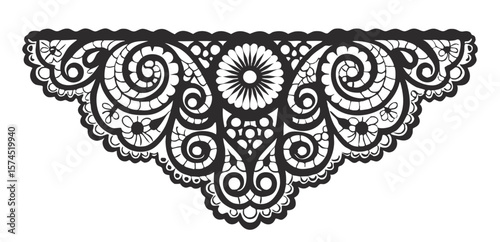 Intricate black lace ornament forming a downward pointing triangle, showcasing delicate swirls, flourishes, floral arabesques, and filigree details, creating a sophisticated and decorative element