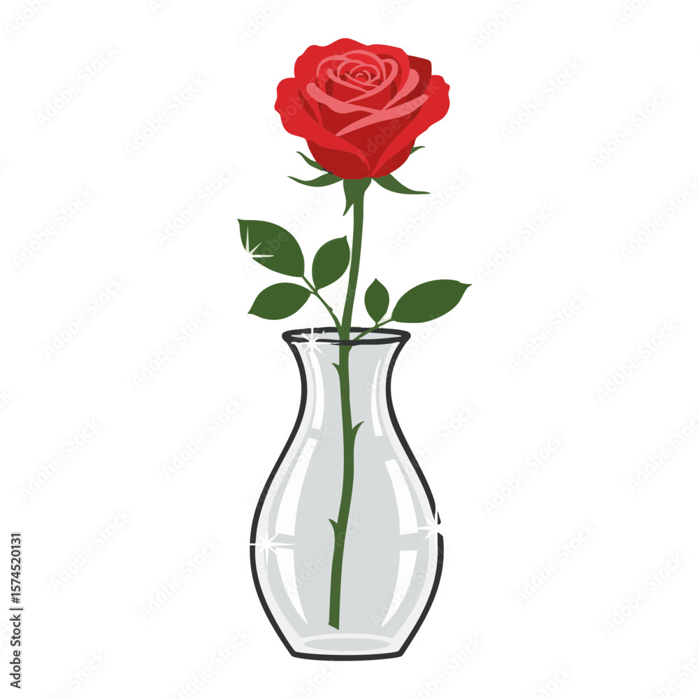 Fototapeta premium Pink Rose with Leaves in Elegant Cut-Glass Vase Flat Illustration