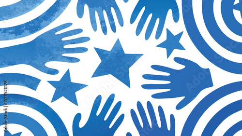 Blue hands reach for stars amidst concentric circles on a white textured background art illustration