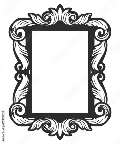 Classic rectangular line art frame with vintage swirls, flourishes, acanthus leaf motifs forming decorative border for text separation, packaging, labels, or ornamental design
