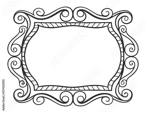 Classic rectangular line art frame with vintage swirls, flourishes, acanthus leaf motifs forming decorative border for text separation, packaging, labels, or ornamental design