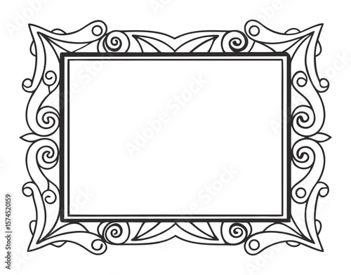 Classic rectangular line art frame with vintage swirls, flourishes, acanthus leaf motifs forming decorative border for text separation, packaging, labels, or ornamental design