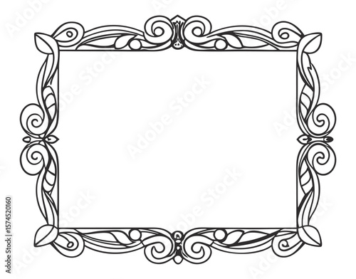Classic rectangular line art frame with vintage swirls, flourishes, acanthus leaf motifs forming decorative border for text separation, packaging, labels, or ornamental design
