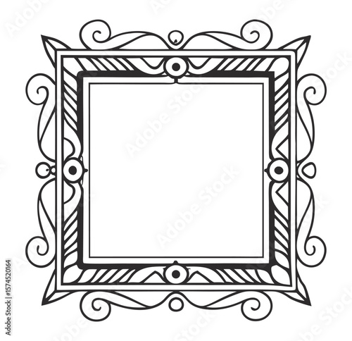 Rectangular black frame with symmetrical floral swirls and scroll elements in vintage style, designed as ornamental border for monochrome graphic compositions