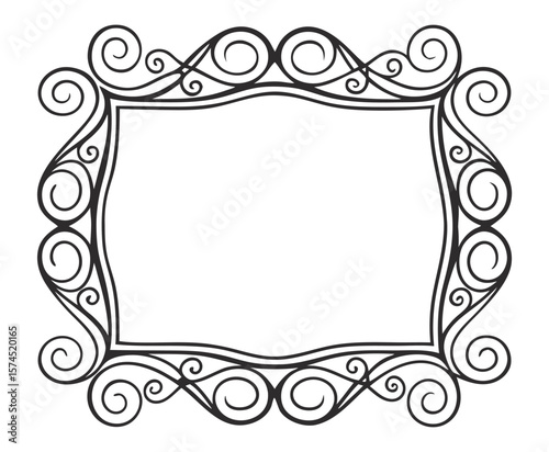 Classic rectangular line art frame with vintage swirls, flourishes, acanthus leaf motifs forming decorative border for text separation, packaging, labels, or ornamental design