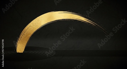 Golden brushstroke arching over a dark ripple effect.
