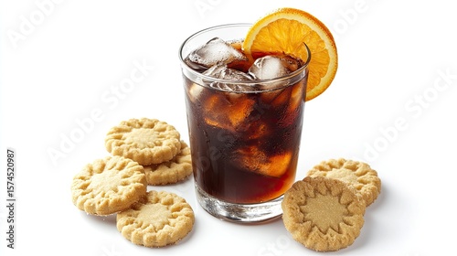Iced dark beverage, surrounded by shortbread cookies, with an orange slice
