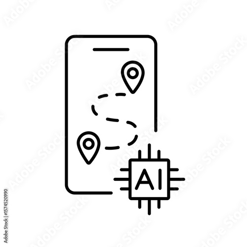 A vector icon of a smartphone with a delivery path and AI chip, representing mobile logistics management using artificial intelligence, created in line style with editable stroke