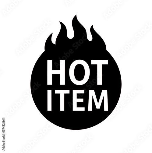 Black Hot Item Label Icon with Flame – Promotional Sale Vector Graphic