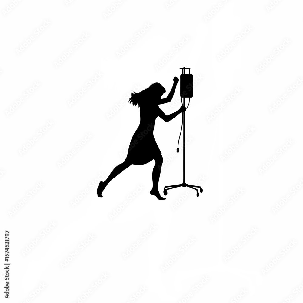 Fototapeta premium Silhouette of nurse adjusting IV stand on white background