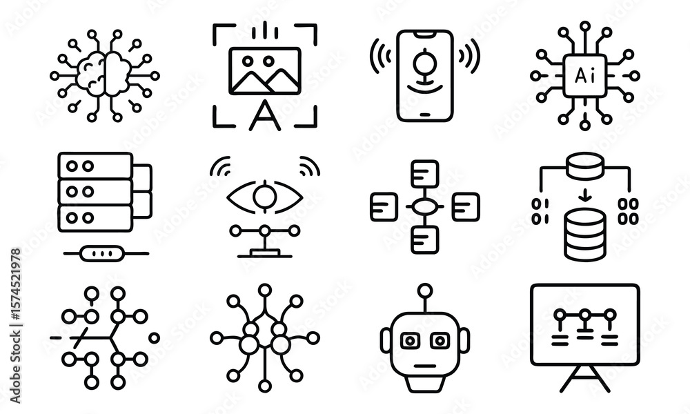 Fototapeta premium Artificial Intelligence and Machine Learning Icon Set – AI, Neural Network, Data Mining, Computer Vision, Voice Recognition, and Robotics Line Icons for Tech and Software Design