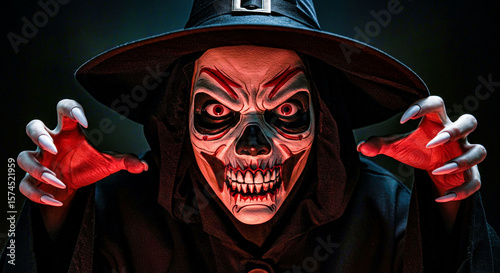 Wallpaper Mural Woman in witch costume and skull mask with outstretched hands. Creepy dark portrait for Halloween. Celebration and holiday concept. Torontodigital.ca